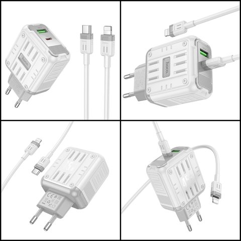 Сетевое зарядное устройство Hoco C136A, 45 Вт, Power Delivery (PD), белый, c кабелем USB тип-C к Lightning для Apple, 2 порта, #6942007627290 Превью 1