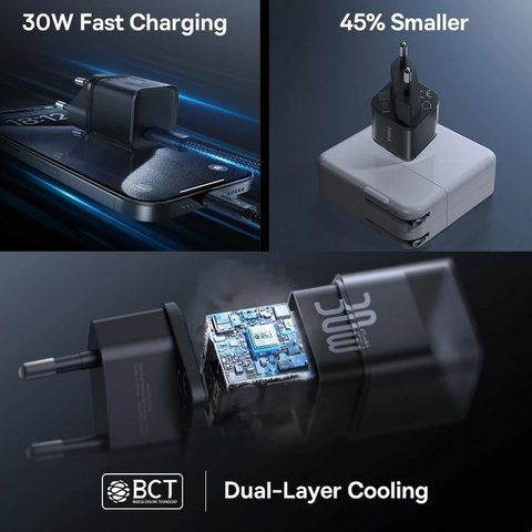 Mains Charger Baseus GaN5S, (30 W, Fast Charge, black, 1 output) #P10162504113-00 Preview 2