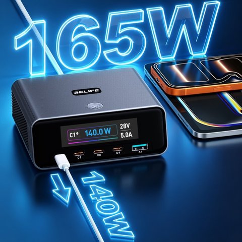 Adaptador de red RELIFE Q8, 165 W, Quick Charge, Power Delivery (PD), gris, 5 puertos Vista previa  2