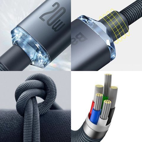 USB кабель Baseus Crystal Shine Series, USB тип-C, Lightning, 200 см, 20 Вт, чорний, #CAJY000301 Прев'ю 1