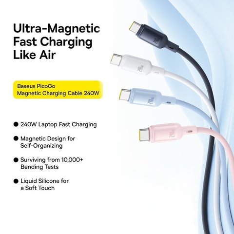 USB кабель Baseus PicoGo, 2xUSB тип-C, 100 см, 240 Вт, блакитний, силіконовий, магнітний, #P10376800311-00 Прев'ю 3